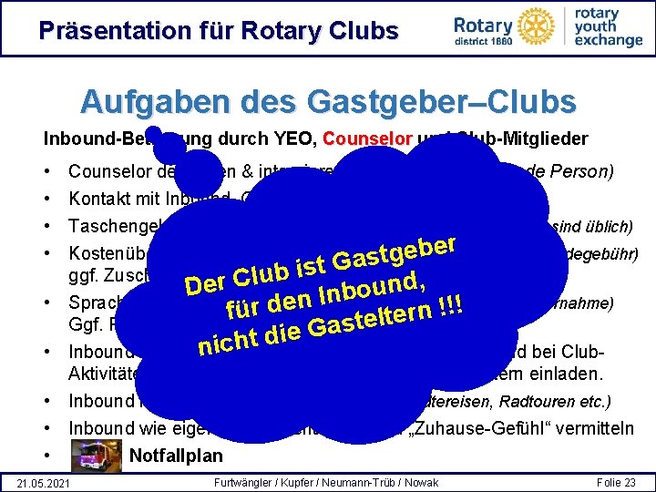 Präsentation für Rotary Clubs Aufgaben des Gastgeber–Clubs Inbound-Betreuung durch YEO, Counselor und Club-Mitglieder •