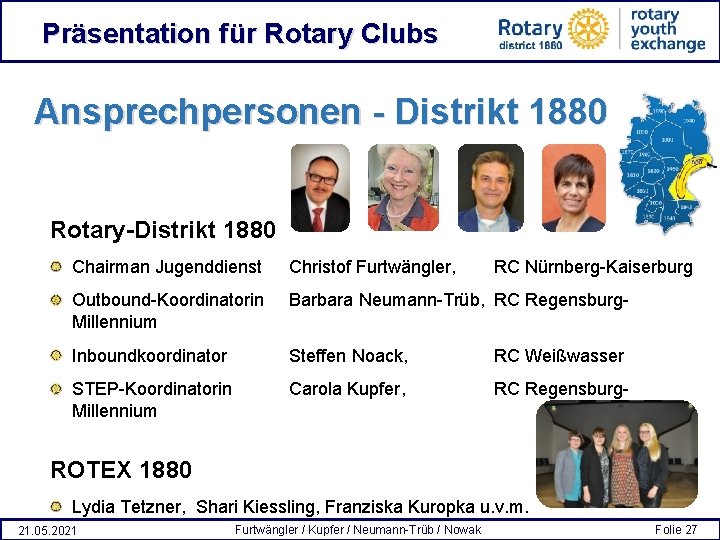 Präsentation für Rotary Clubs Ansprechpersonen - Distrikt 1880 Rotary-Distrikt 1880 Chairman Jugenddienst Christof Furtwängler,