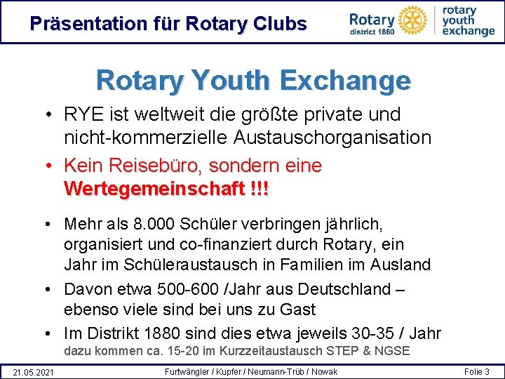 Präsentation für Rotary Clubs Rotary Youth Exchange • RYE ist weltweit die größte private