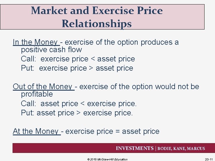 Market and Exercise Price Relationships In the Money - exercise of the option produces