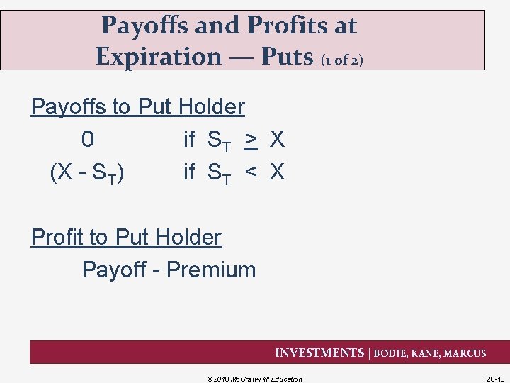 Payoffs and Profits at Expiration — Puts (1 of 2) Payoffs to Put Holder