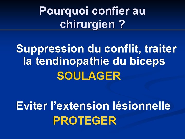 Pourquoi confier au chirurgien ? Suppression du conflit, traiter la tendinopathie du biceps SOULAGER