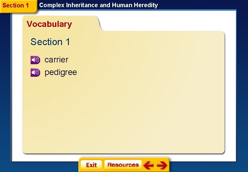 Section 1 Complex Inheritance and Human Heredity Vocabulary Section 1 carrier pedigree Section 1 Complex Inheritance and Human Heredity Vocabulary Section 1 carrier pedigree