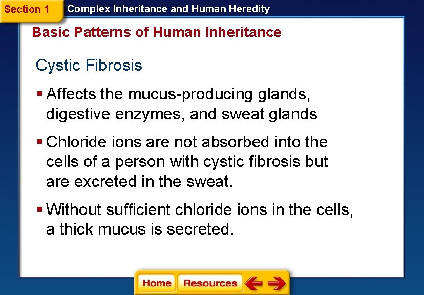 Section 1 Complex Inheritance and Human Heredity Basic Patterns of Human Inheritance Cystic Fibrosis Section 1 Complex Inheritance and Human Heredity Basic Patterns of Human Inheritance Cystic Fibrosis
