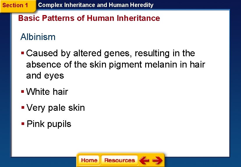Section 1 Complex Inheritance and Human Heredity Basic Patterns of Human Inheritance Albinism § Section 1 Complex Inheritance and Human Heredity Basic Patterns of Human Inheritance Albinism §