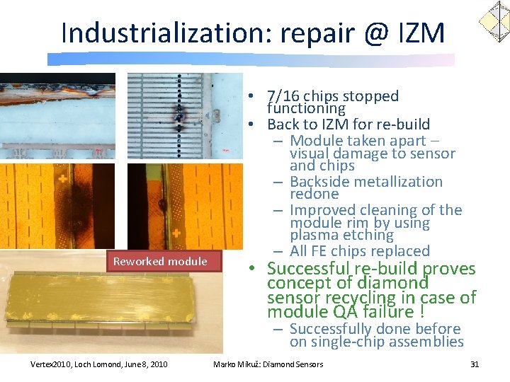 Industrialization: repair @ IZM Reworked module • 7/16 chips stopped functioning • Back to