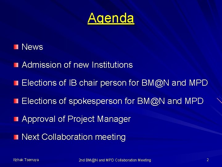 Agenda News Admission of new Institutions Elections of IB chair person for BM@N and