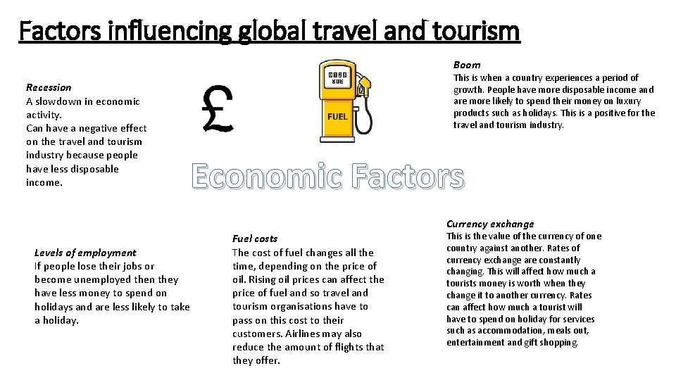 Factors influencing global travel and tourism Boom Recession A slowdown in economic activity. Can