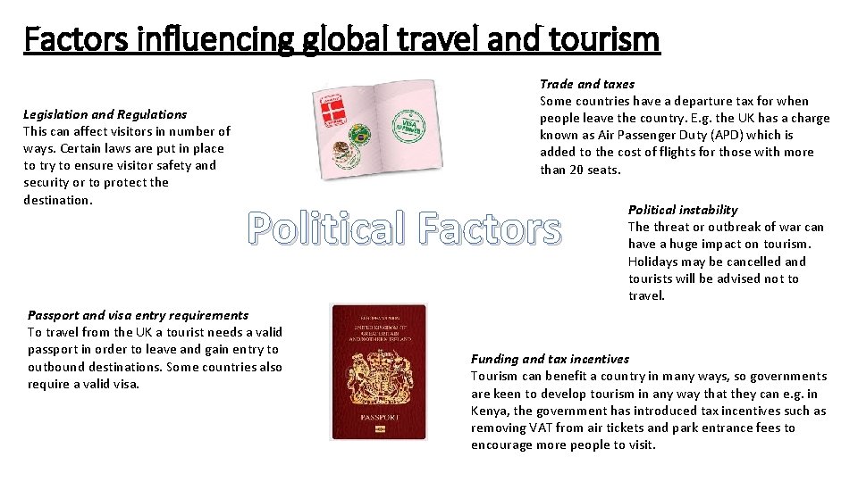 Factors influencing global travel and tourism Legislation and Regulations This can affect visitors in