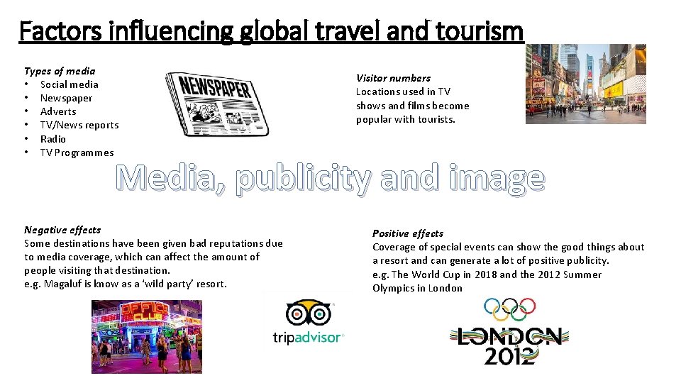 Factors influencing global travel and tourism Types of media • Social media • Newspaper