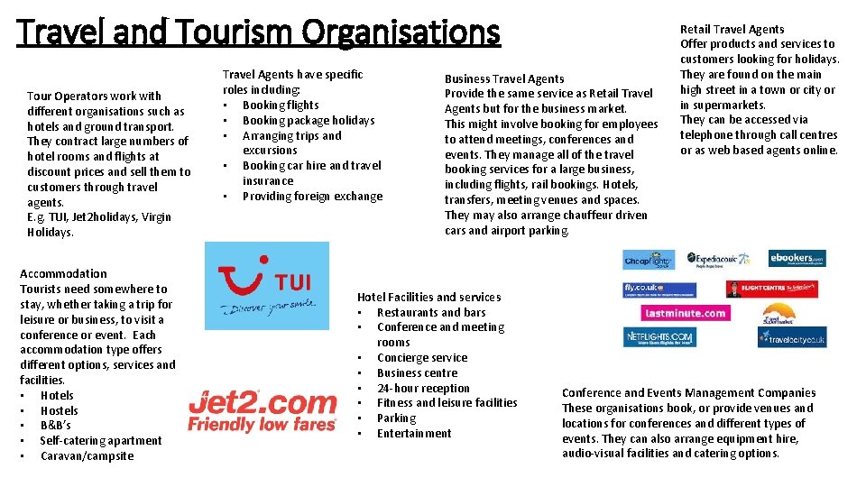 Travel and Tourism Organisations Tour Operators work with different organisations such as hotels and
