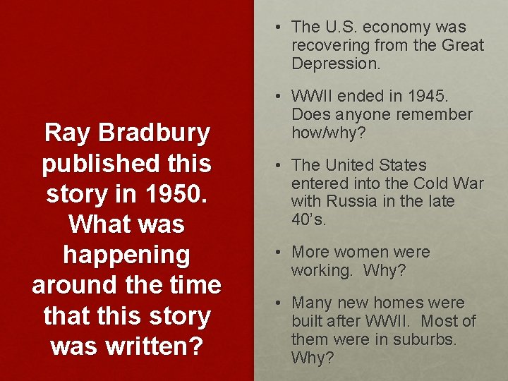  • The U. S. economy was recovering from the Great Depression. Ray Bradbury