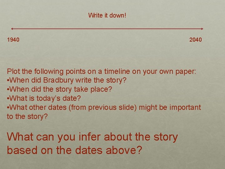 Write it down! 1940 2040 Plot the following points on a timeline on your