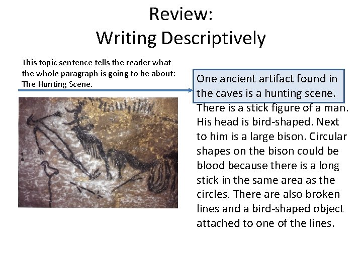 Review: Writing Descriptively This topic sentence tells the reader what the whole paragraph is