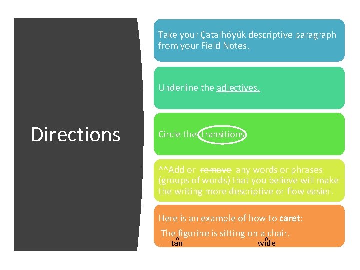 Take your Çatalhöyük descriptive paragraph from your Field Notes. Underline the adjectives. Directions Circle