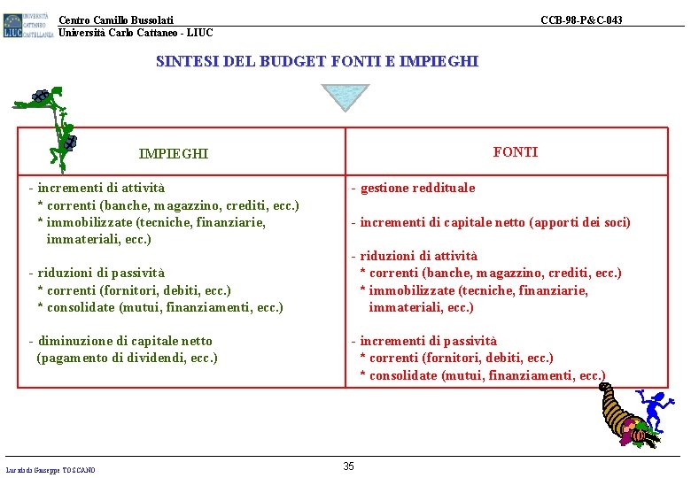 Centro Camillo Bussolati Università Carlo Cattaneo - LIUC CCB-98 -P&C-043 SINTESI DEL BUDGET FONTI