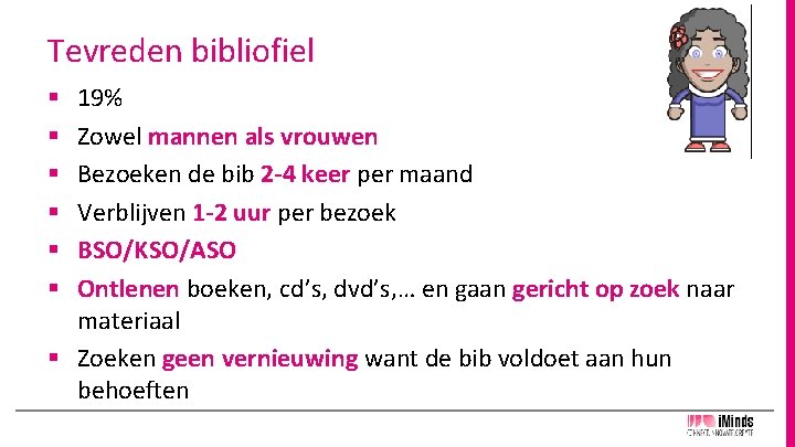 Tevreden bibliofiel 19% Zowel mannen als vrouwen Bezoeken de bib 2 -4 keer per