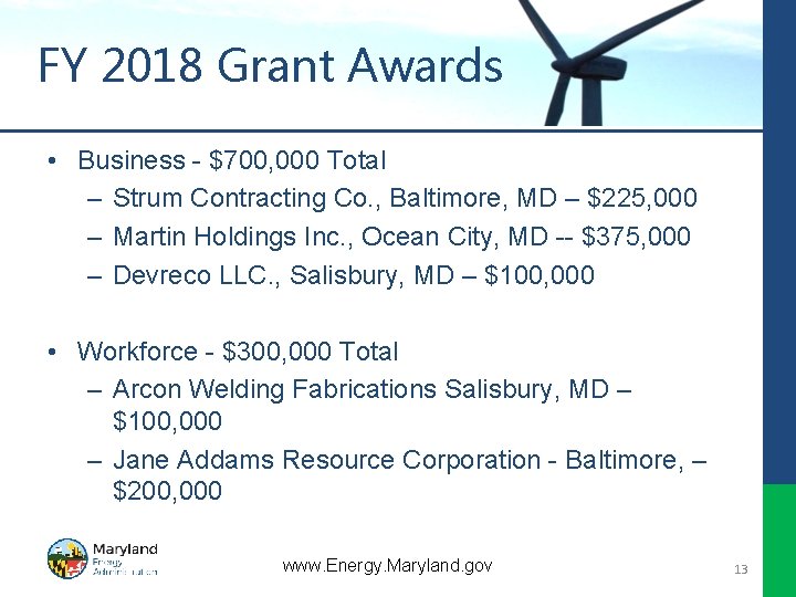 FY 2018 Grant Awards • Business $700, 000 Total – Strum Contracting Co. ,