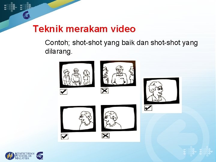 Teknik merakam video Contoh; shot-shot yang baik dan shot-shot yang dilarang. 