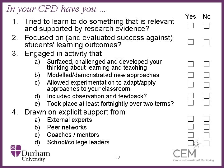 In your CPD have you … 1. Tried to learn to do something that