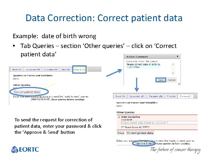 Data Correction: Correct patient data Example: date of birth wrong • Tab Queries –