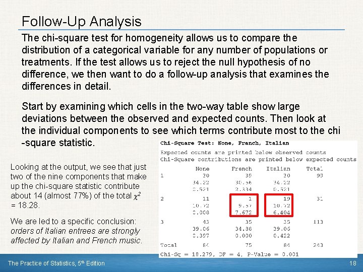 Follow-Up Analysis The chi-square test for homogeneity allows us to compare the distribution of