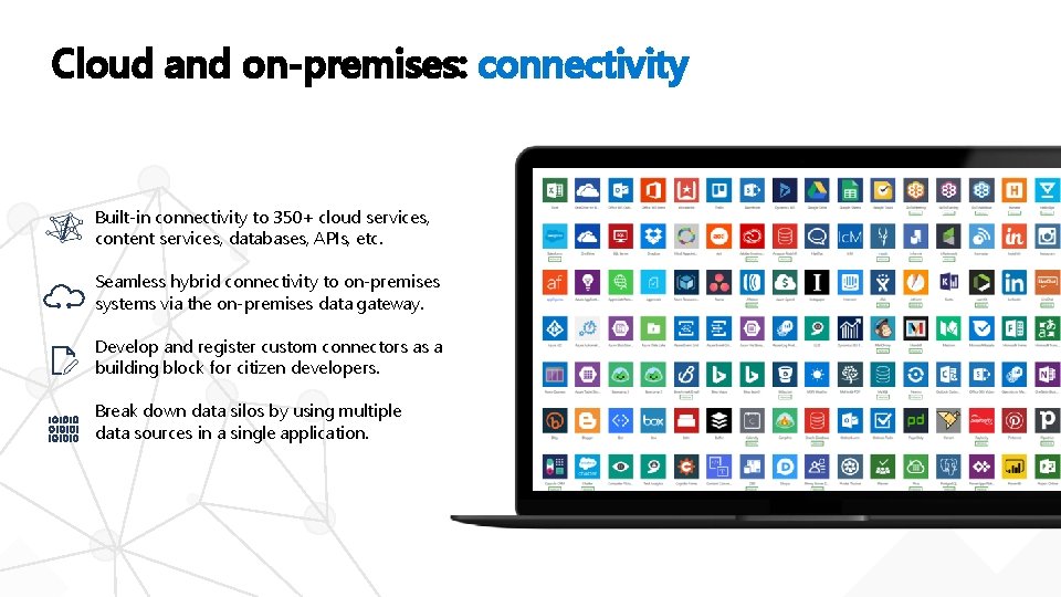 Cloud and on-premises: connectivity Built-in connectivity to 350+ cloud services, content services, databases, APIs,