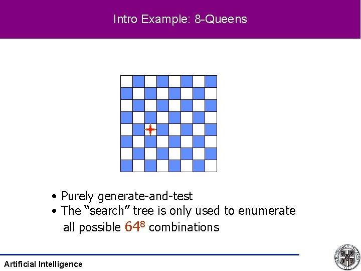 Intro Example: 8 -Queens • Purely generate-and-test • The “search” tree is only used