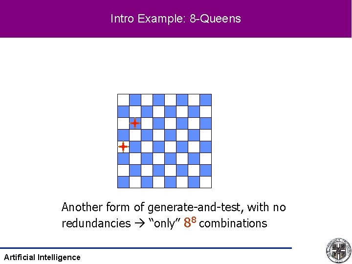 Intro Example: 8 -Queens Another form of generate-and-test, with no redundancies “only” 88 combinations