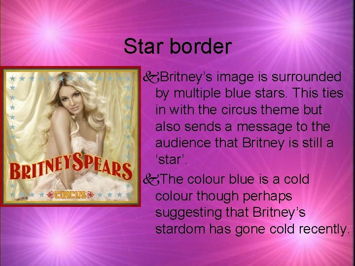 Star border k. Britney’s image is surrounded by multiple blue stars. This ties in