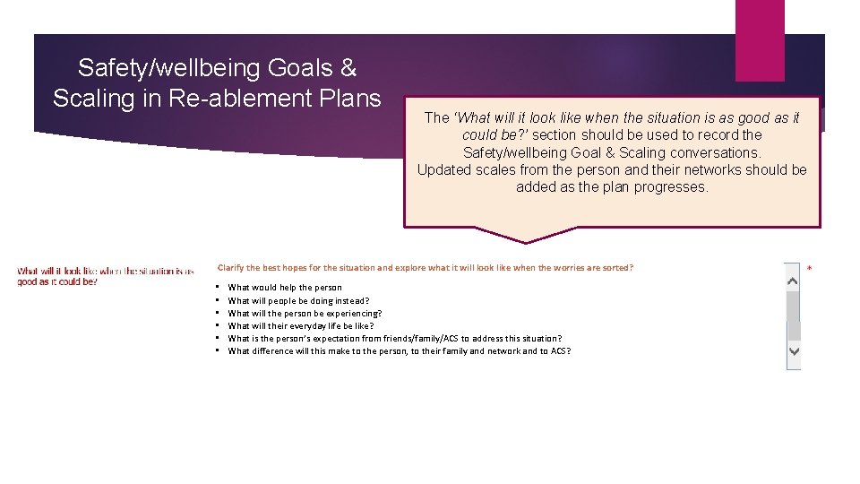 Safety/wellbeing Goals & Scaling in Re-ablement Plans The ‘What will it look like when