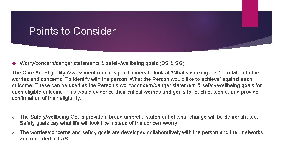 Points to Consider Worry/concern/danger statements & safety/wellbeing goals (DS & SG) The Care Act