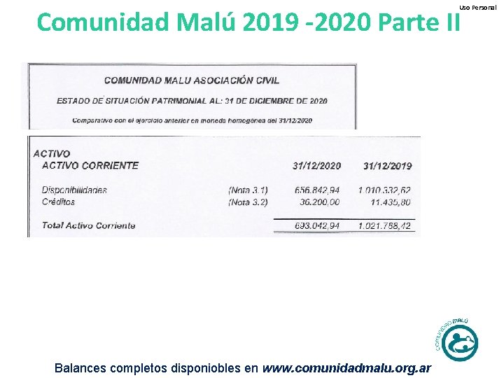 Uso Personal Comunidad Malú 2019 -2020 Parte II Balances completos disponiobles en www. comunidadmalu.