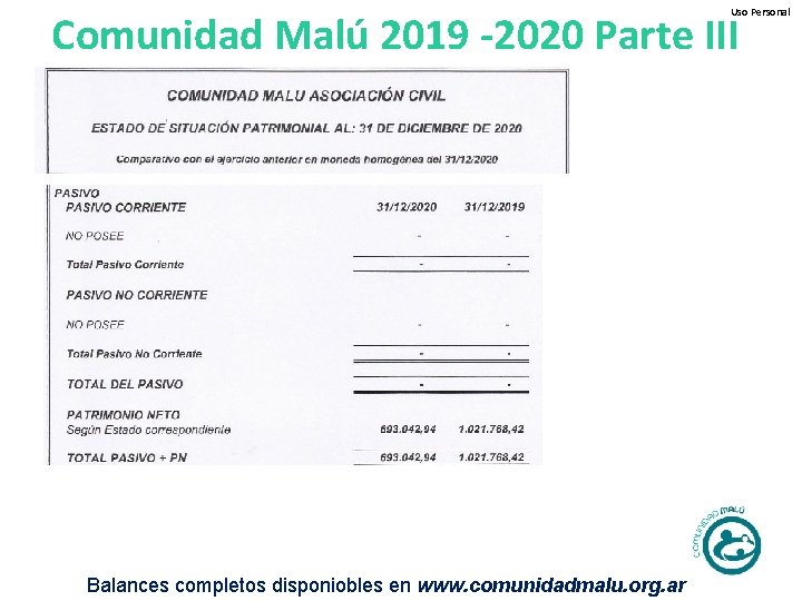 Uso Personal Comunidad Malú 2019 -2020 Parte III Balances completos disponiobles en www. comunidadmalu.
