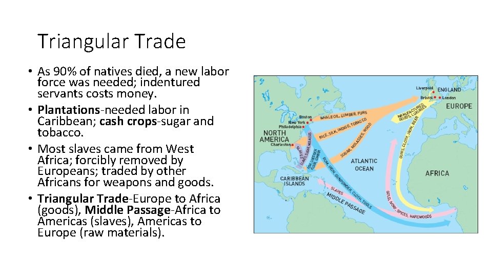 Triangular Trade • As 90% of natives died, a new labor force was needed;