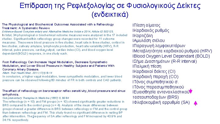 Επίδραση της Ρεφλεξολογίας σε Φυσιολογικούς Δείκτες (ενδεικτικά) The Physiological and Biochemical Outcomes Associated with