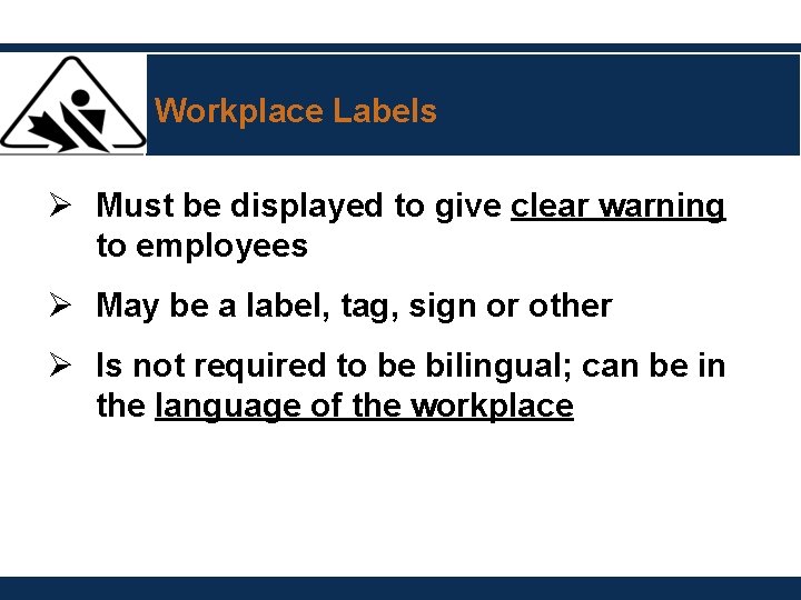 Workplace Labels Ø Must be displayed to give clear warning to employees Ø May Workplace Labels Ø Must be displayed to give clear warning to employees Ø May