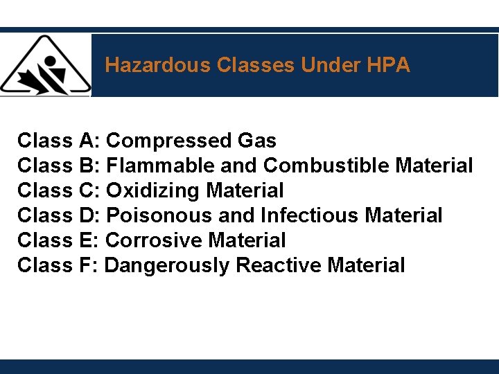 Hazardous Classes Under HPA Class A: Compressed Gas Class B: Flammable and Combustible Material