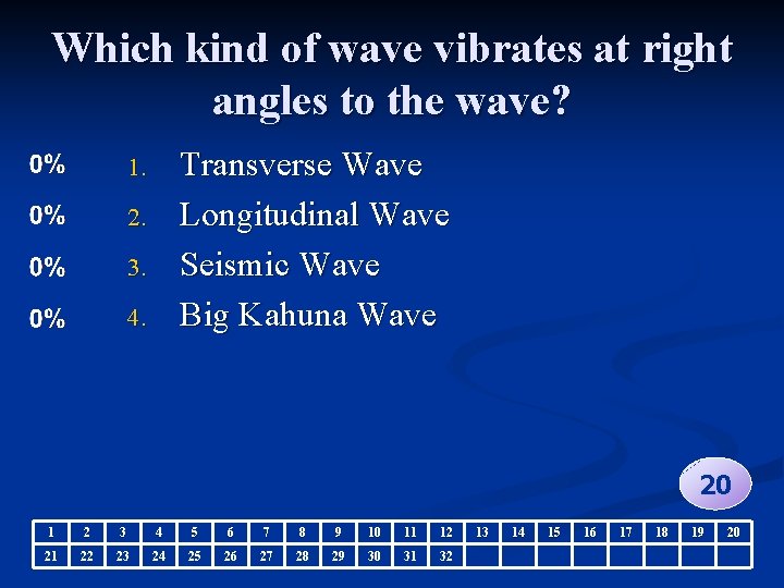 Which kind of wave vibrates at right angles to the wave? Transverse Wave Longitudinal