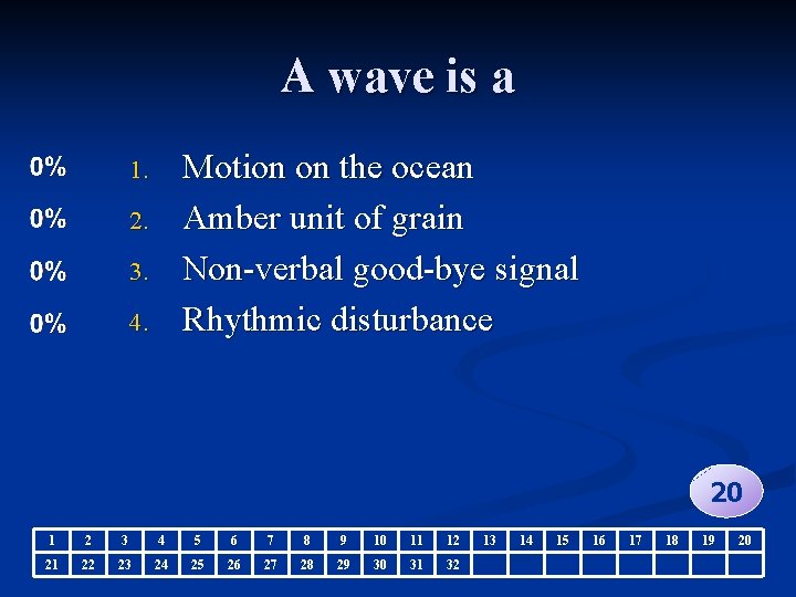 A wave is a Motion on the ocean Amber unit of grain Non-verbal good-bye