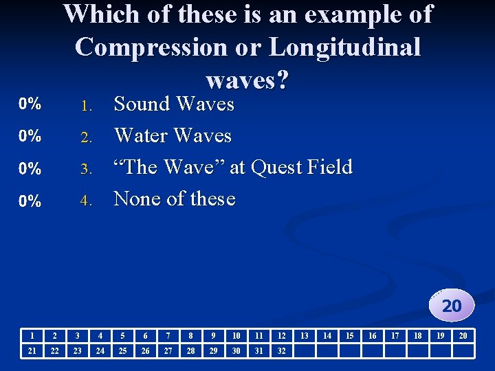 Which of these is an example of Compression or Longitudinal waves? Sound Waves Water