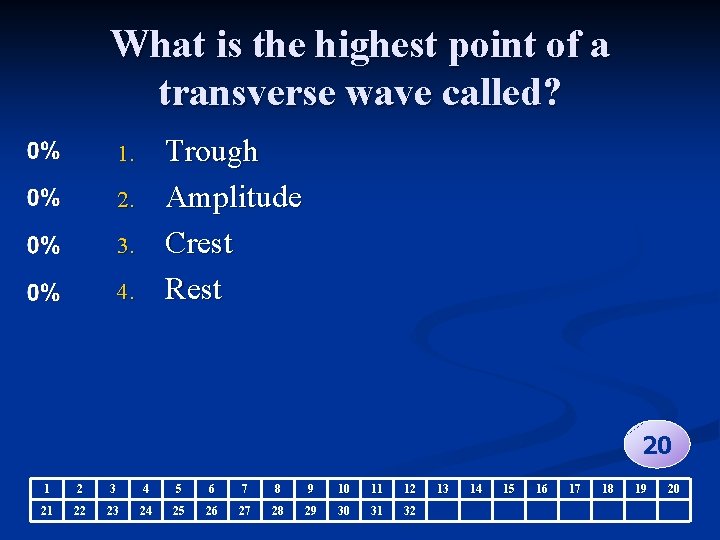 What is the highest point of a transverse wave called? Trough Amplitude Crest Rest