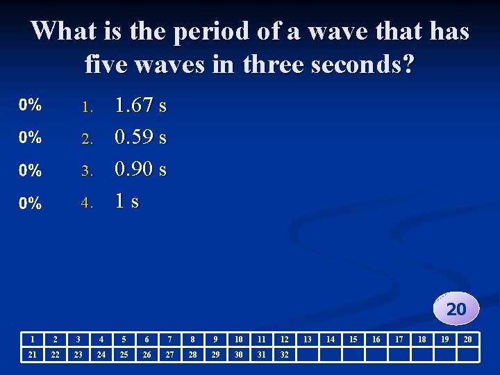 What is the period of a wave that has five waves in three seconds?