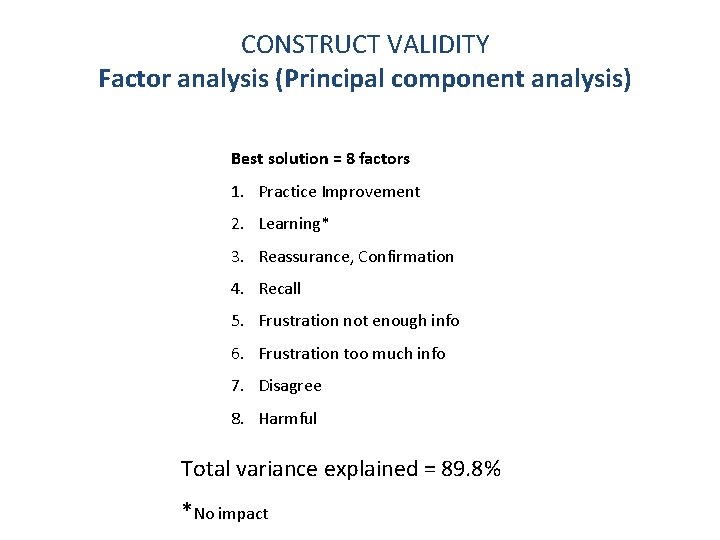 CONSTRUCT VALIDITY Factor analysis (Principal component analysis) Best solution = 8 factors 1. Practice