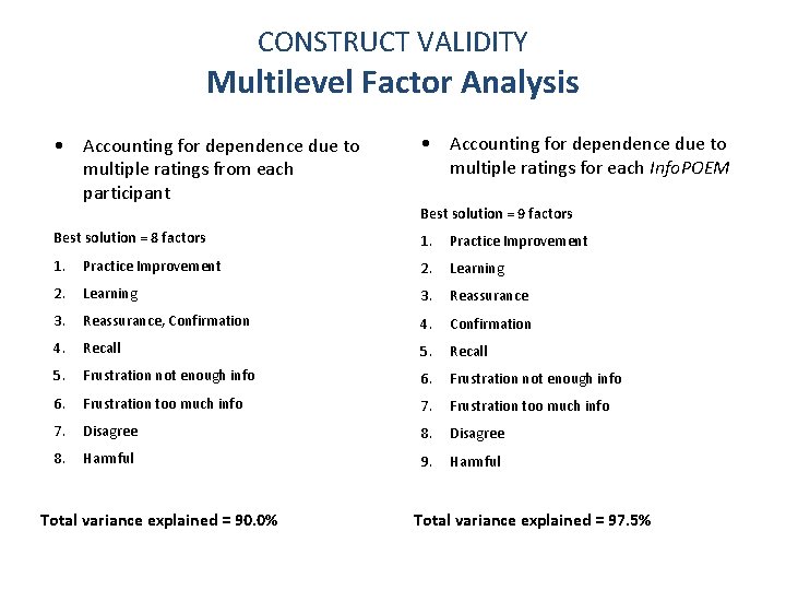 CONSTRUCT VALIDITY Multilevel Factor Analysis • Accounting for dependence due to multiple ratings from