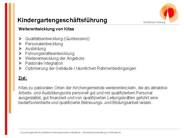 Kindergartengeschäftsführung Erzdiözese Freiburg Weiterentwicklung von Kitas Ø Ø Ø Ø Qualitätsentwicklung (Quintessenz) Personalentwicklung Ausbildung