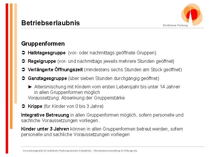 Betriebserlaubnis Erzdiözese Freiburg Gruppenformen Halbtagesgruppe (vor- oder nachmittags geöffnete Gruppen) Regelgruppe (vor- und nachmittags