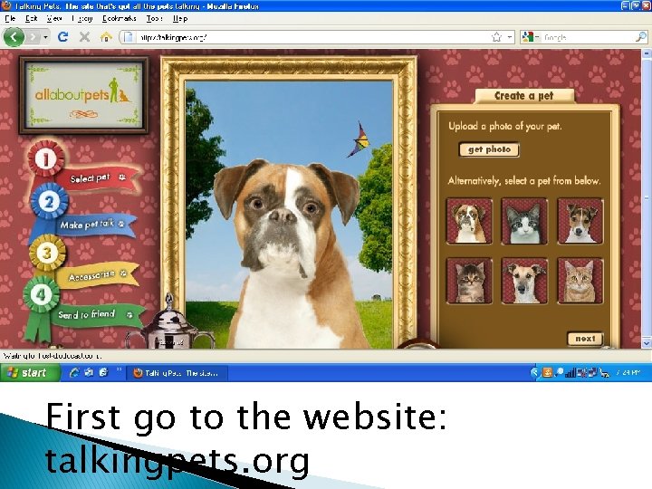 First go to the website: talkingpets. org 