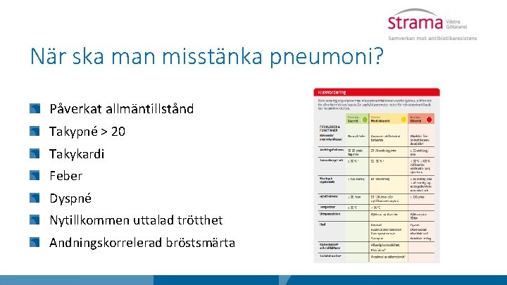 När ska man misstänka pneumoni? Påverkat allmäntillstånd Takypné > 20 Takykardi Feber Dyspné Nytillkommen