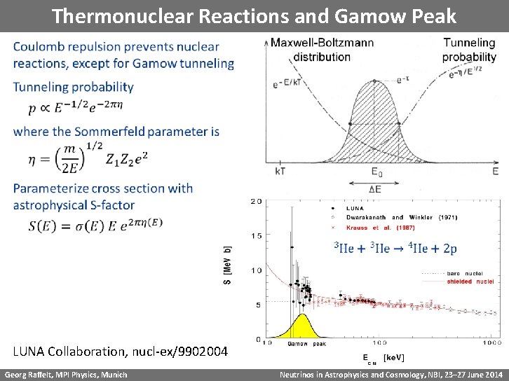 Thermonuclear Reactions and Gamow Peak LUNA Collaboration, nucl-ex/9902004 Georg Raffelt, MPI Physics, Munich Neutrinos